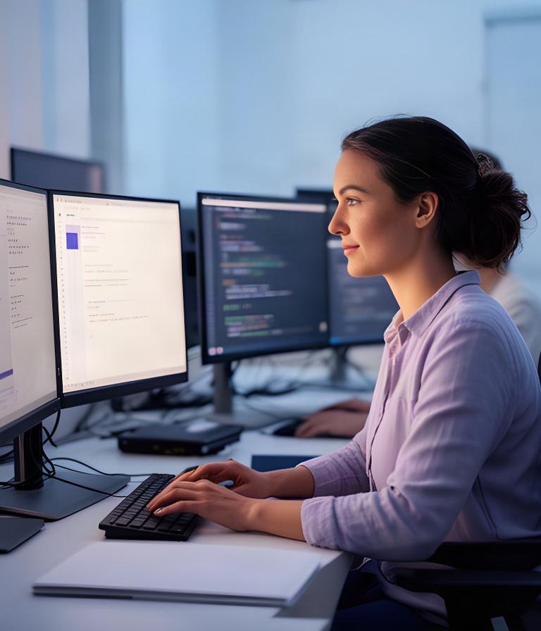 Berufstätige Teilnehmerin arbeitet abends in einem hellen Schulungsraum an einer Webanwendung mit mehreren Monitoren