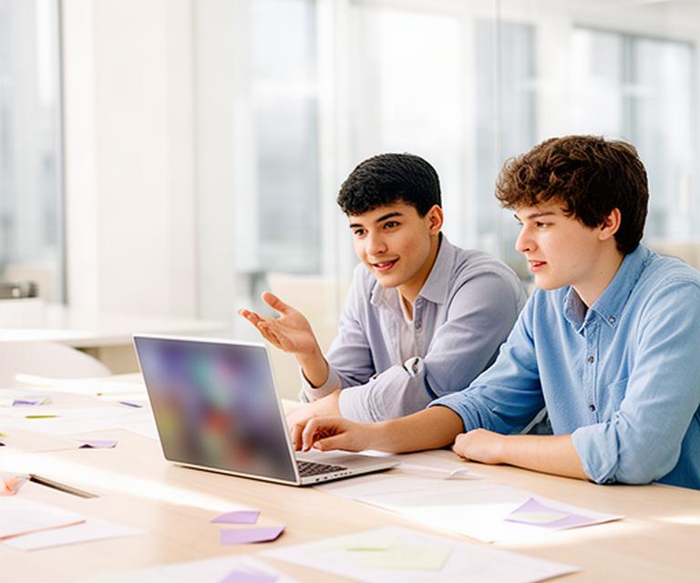 Junge Entwickler besprechen ein Webprojekt an einem hellen Arbeitstisch mit Laptop und Notizen