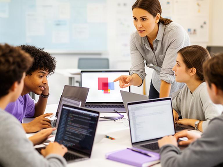 Mentorin erklärt einer kleinen Lerngruppe einen Python-Code an einem Tisch mit Laptops