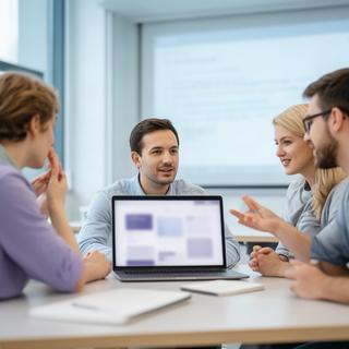 Ionut Bechtum zeigt einer kleinen Lerngruppe eine Webanwendung im modernen Schulungsraum